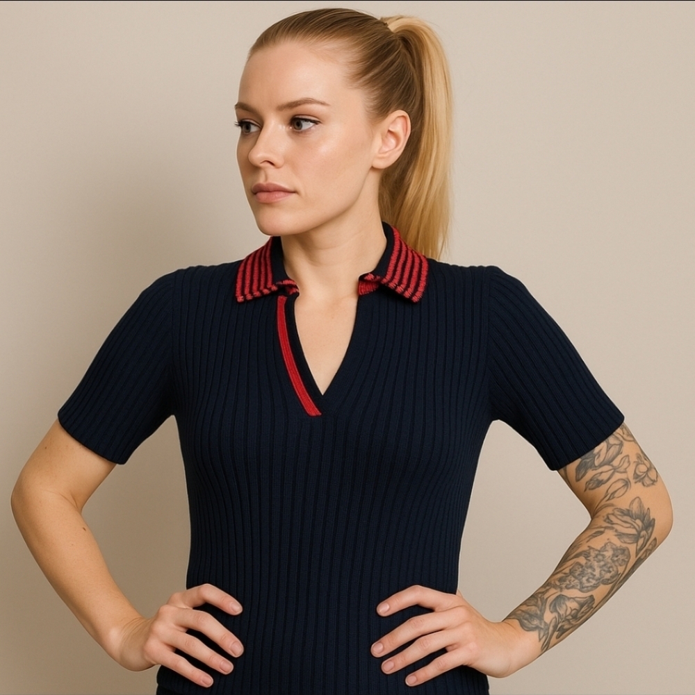 23 Vingt-Trois Arrondissements Ribbed Knit Polo Sweater Navy Red Trim Size 46